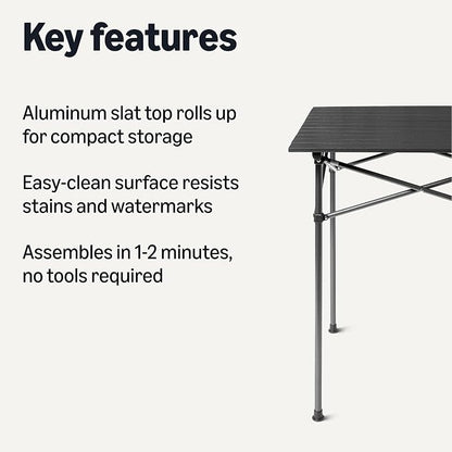 Portable Camping Table, Outdoor Folding Table with Aluminum Roll-Up Top, Steel Frame, 27.6 x 27.6 x 27.6 Inches, Black