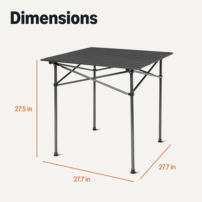 Portable Camping Table, Outdoor Folding Table with Aluminum Roll-Up Top, Steel Frame, 27.6 x 27.6 x 27.6 Inches, Black