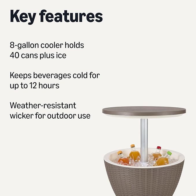 Patio Bar Table, Outdoor Cooler Table with Drain Hole, 8-Gallon Insulated Storage, Wicker Style, Weather-Resistant