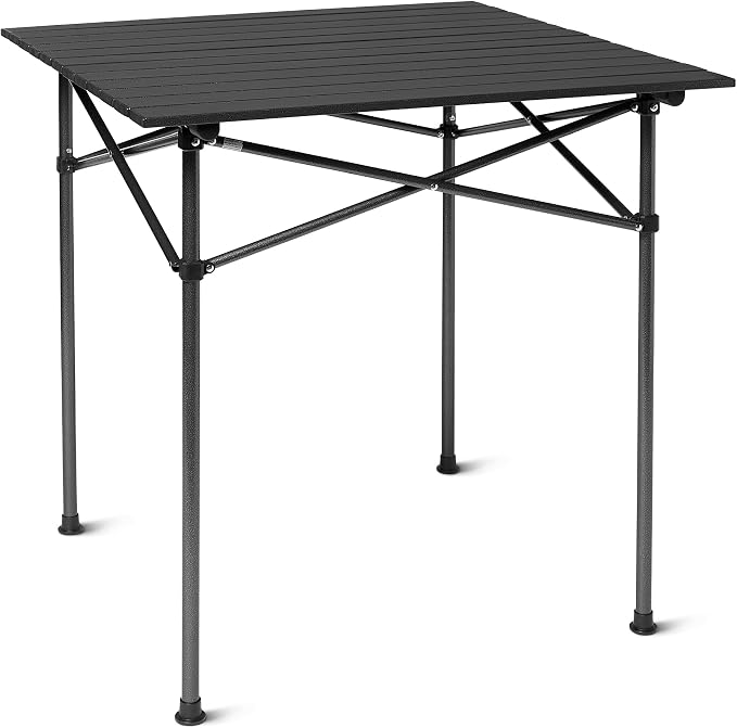 Portable Camping Table, Outdoor Folding Table with Aluminum Roll-Up Top, Steel Frame, 27.6 x 27.6 x 27.6 Inches, Black